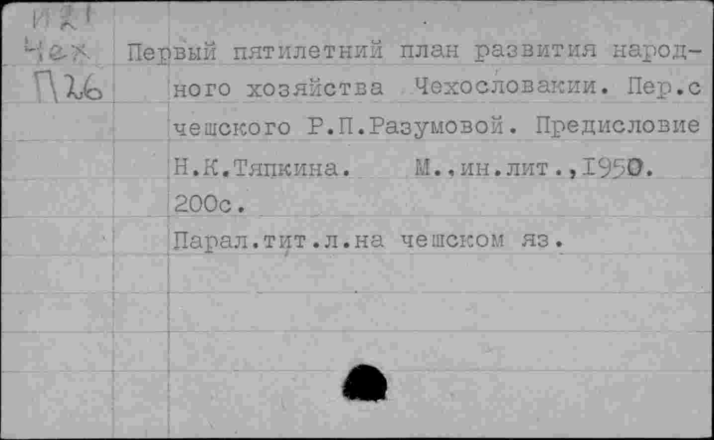 ﻿	Первый пятилетний план развития народ-	
ЦХА		ного хозяйства Чехословакии. Пер.с
		чешского Р.П.Разумовой. Предисловие
		Н.К.Тяпкина.	М..ин.лит.,1950.
		200с.
-		Парал.тит.л.на чешском яз.